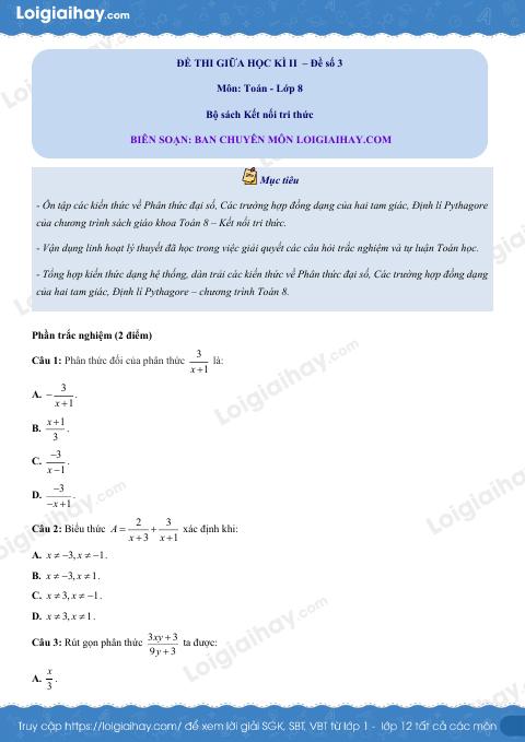 Đề thi giữa kì 2 Toán 8 - Đề số 3 - Kết nối tri thức